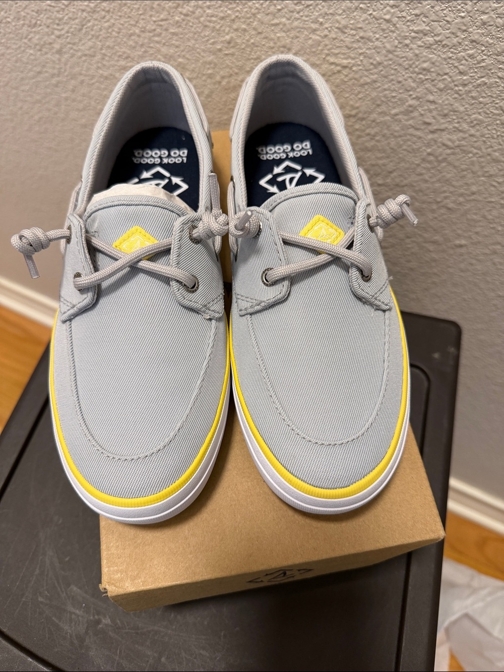 Sperry Light Gray Canvas Boat Shoes with Yellow Trim